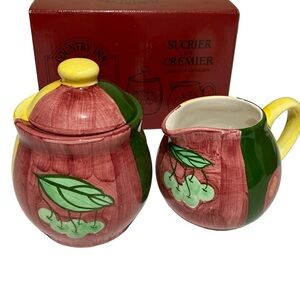 Country Inn Collection Creamer and Sugar Bowl with Lid Hand Painted Fruit Design